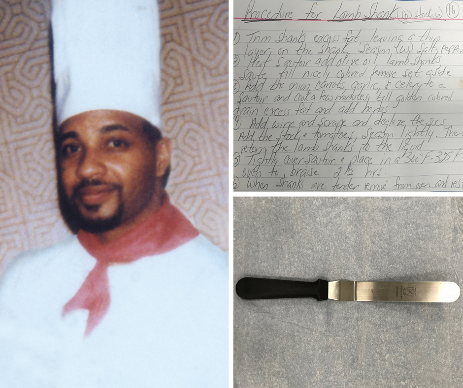 Benjamin Clark smiles in his chef outfit in an old photo. Separate images show his recipe cards and icing spatula displayed at the Museum.