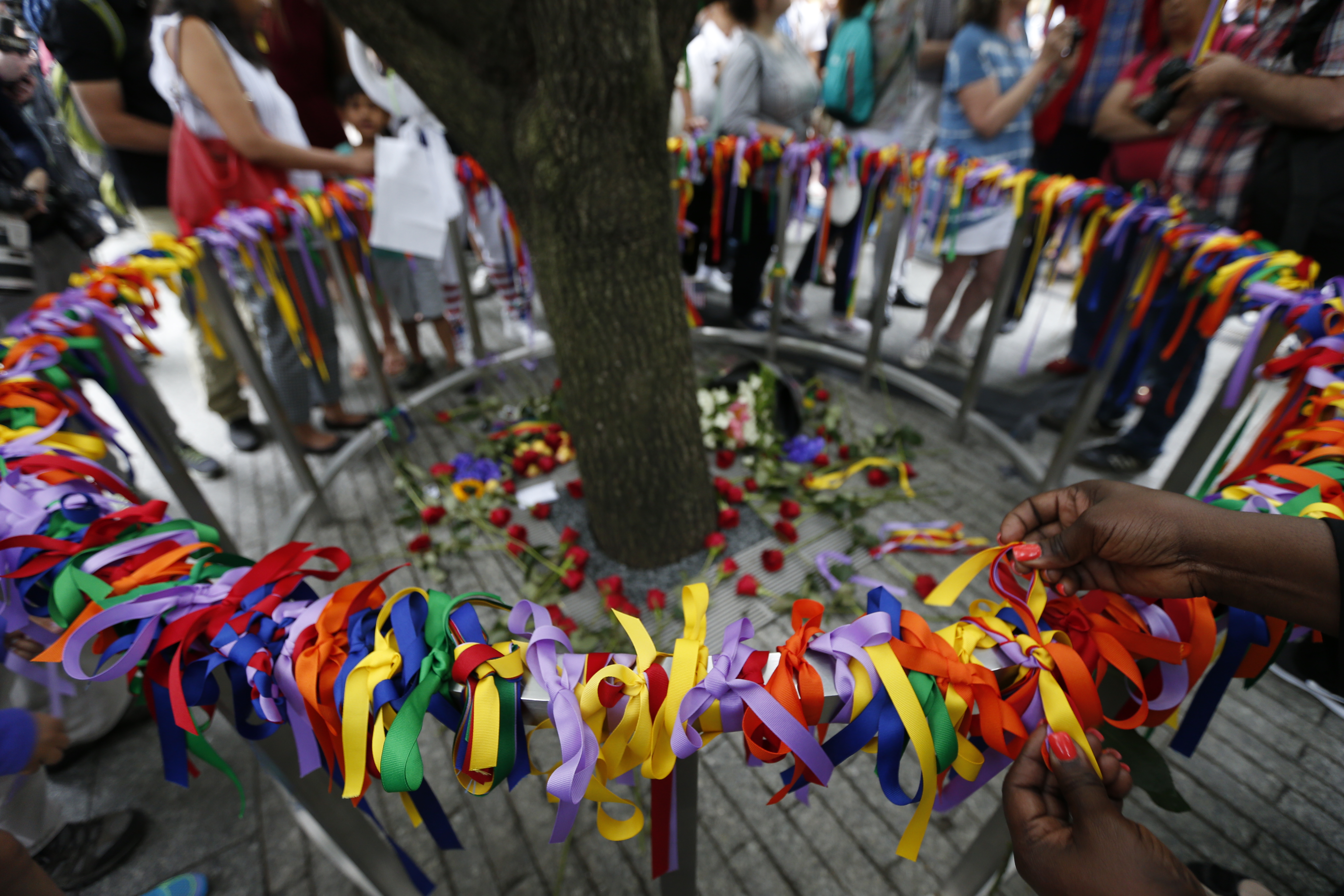 People tie multicolored ribbons on a railing surrounding the Survivor Tree to honor victims of the Orlando nightclub attack.