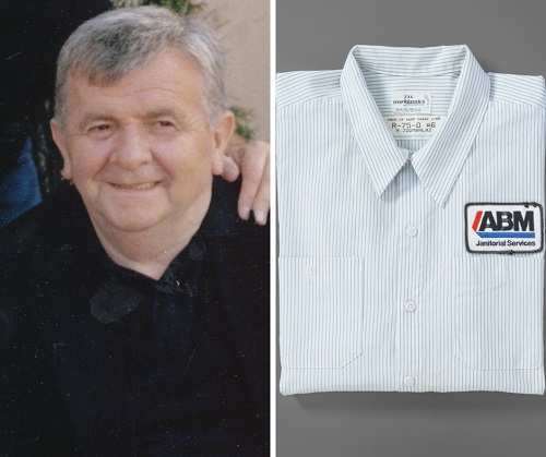 Mon Gjonbalaj smiles in a photograph. In an adjoining image, Gjonbalaj’s striped white uniform shirt is displayed at the Museum. A patch on the chest of the shirt reads “ABM.”