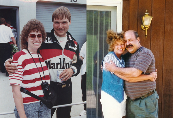 In this photograph from the early 1990s, Karen Juday and her brother Pat are seen at an Indycar race. A second photo shows her embracing her fiance, Richard.