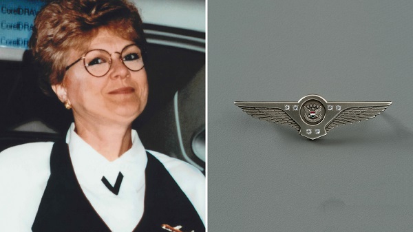 Lorraine G. Bay smiles for a photo in her flight attendant outfit while aboard a plane in 1995. In a separate image, Bay’s silver service wings are displayed on a gray surface at the Museum.