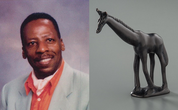 Leonard White poses in a suit for a professional photo. An adjacent image shows a dark gray figurine of a giraffe displayed on a light gray background. The figurine belonged to White.