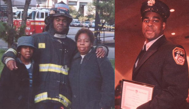 Keithroy Marcellus Maynard is seen dressed in bunker gear as he poses for a photo with a child and an older woman. In an accompanying photo Maynard poses for a photo in a formal FDNY outfit.