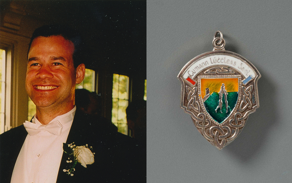 Damian Meehan, a trader who worked in the North Tower, smiles for a photo while wearing a bow tie and tuxedo. Meehan played Gaelic football and a second image shows a silver Gaelic football medal his team won.