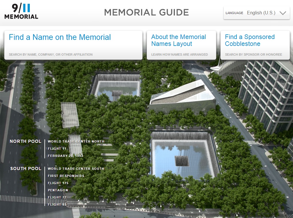  A screenshot of the 9/11 Memorial & Museum website shows the interactive 9/11 Memorial guide and map, which allows users to search the names of victims.