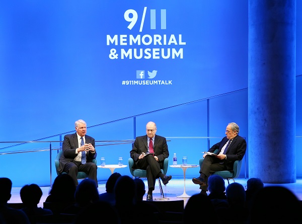 Retired Admiral Gary Roughead and Ambassador Eric Edelman speak onstage with Clifford Chanin, the 9/11 Memorial Museum’s executive vice president and deputy director for museum programs, as they take part in a public program at the Museum auditorium.