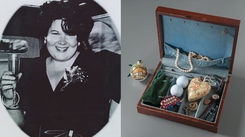 A black and white photo shows Kathleen Moran at her sister’s wedding. A wooden jewelry box belonging to Moran is displayed on a gray surface. The box includes Christmas ornaments, pearls and two golf balls, as Moran was a golf enthusiast.