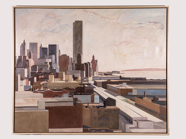 Peter Ruta’s cityscape painting of lower Manhattan is seen mounted on a wall. The Twin Towers are at the center of the painting, which emphasizes the skyline’s light and shadows.