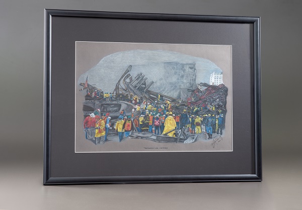 The artwork “Search for Heroes” by Mitch Rosen depicts rescue workers searching the wreckage of Ground Zero.