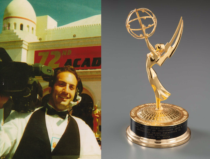 Thomas Pecorelli smiles while holding his camera at the 72nnd annual Academy Awards. An image to the right shows an honorary, gold-colored Emmy Award that was awarded to Pocerelli posthumously displayed on a gray surface at the Museum.