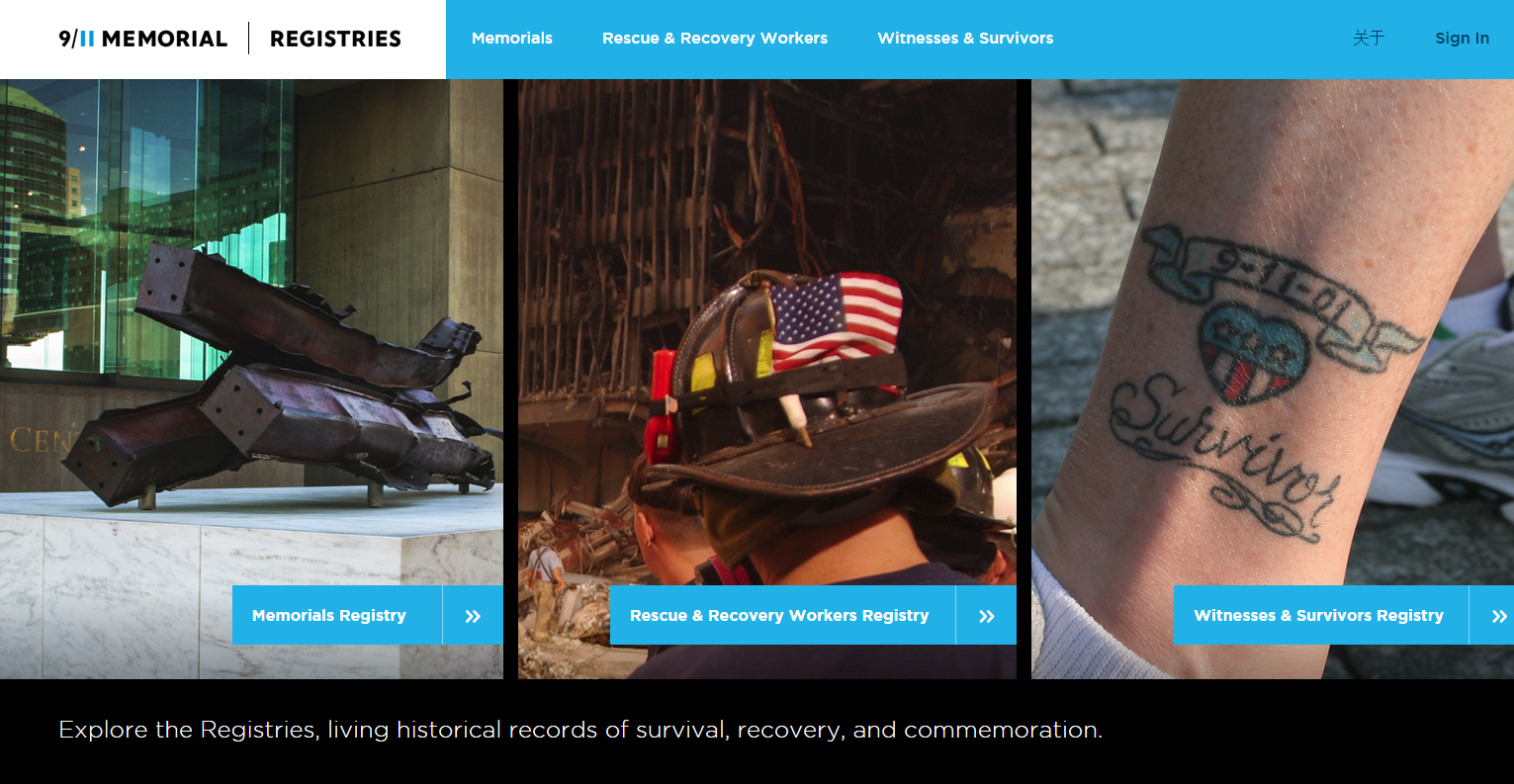 A screenshot of the 9/11 Memorial & Museum website shows the Memorial registries portal.