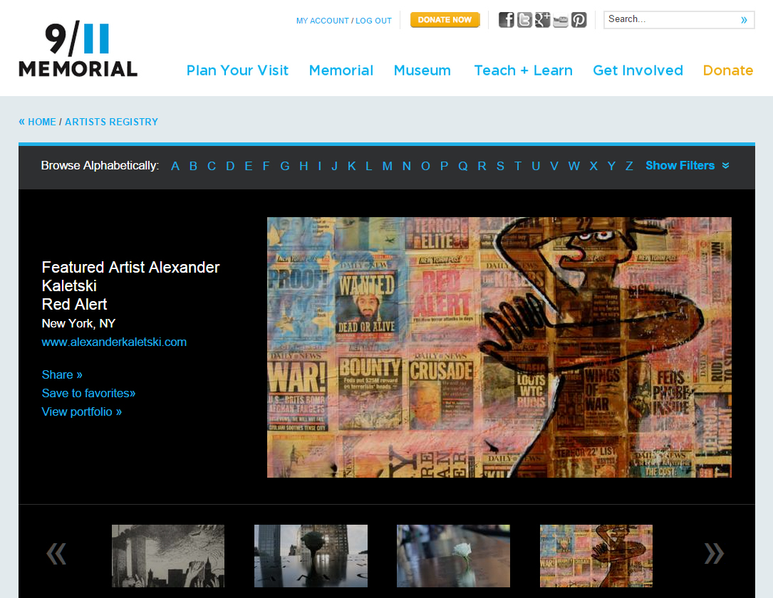 A screenshot from the 9/11 Memorial & Museum website shows the Artist Registry.