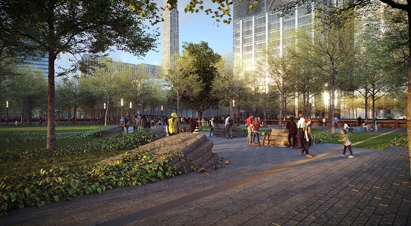 A landscape rendering shows people interacting with the 9/11 Memorial Glade. Flowers have been placed at the Glade’s stone monoliths.