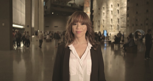 Activist and Brooklyn resident Rosie Perez poses for a portrait in front of the slurry wall at the 9/11 Memorial Museum.