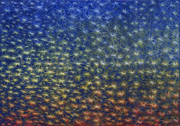 Naoto Nakagawa’s painting “Stars of the Forest” depicts star-shaped moss as dozens of rainbow-colored stars.