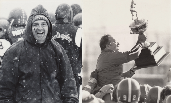 One black and white image shows James Anthony Trentini smiling as he coaches on Thanksgiving Day. A second black and white image shows Trentini raising a trophy after winning a Thanksgiving Day football game in 1982.