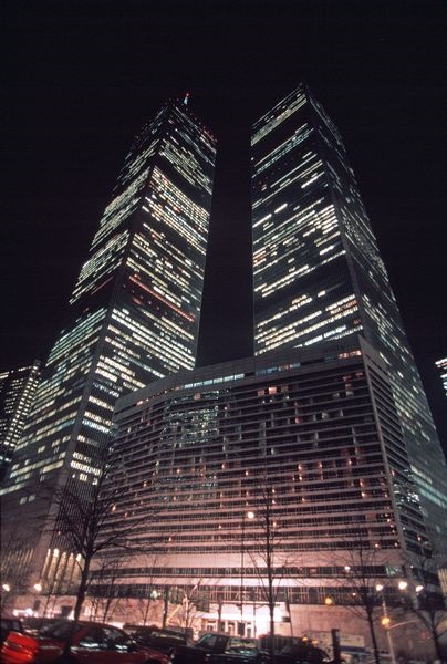 A historical photo from the street shows the Twin Towers illuminated on the night of the 1993 bombing.