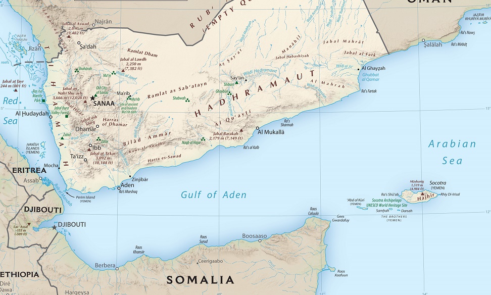 A political map shows Yemen and the greater Gulf of Aden.