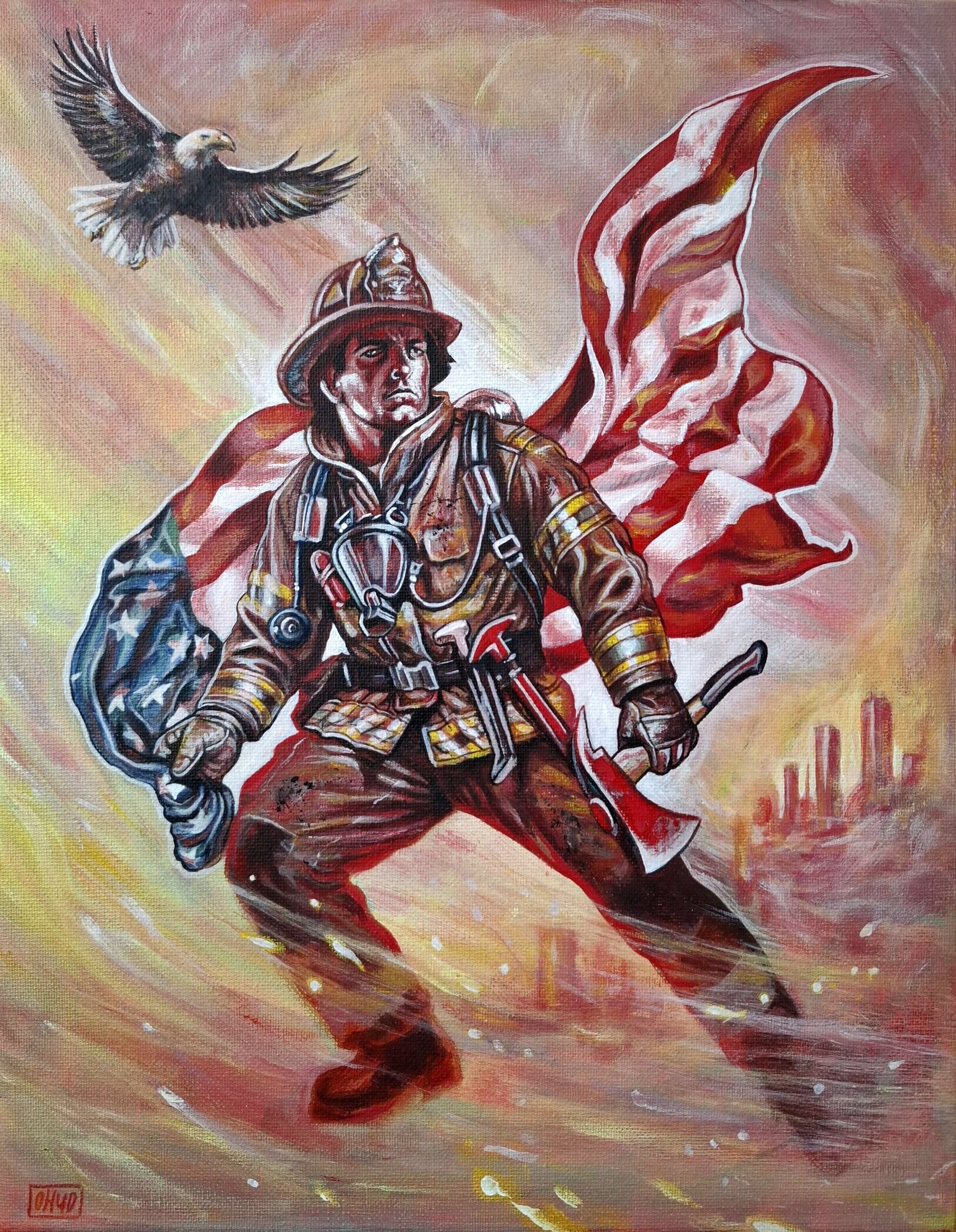An oil painting titled Men of Honor by Ohud Khedr, depicting a steadfast firefighter striding forward amid swirling dust, holding an axe and a waving American flag, with a soaring bald eagle above.