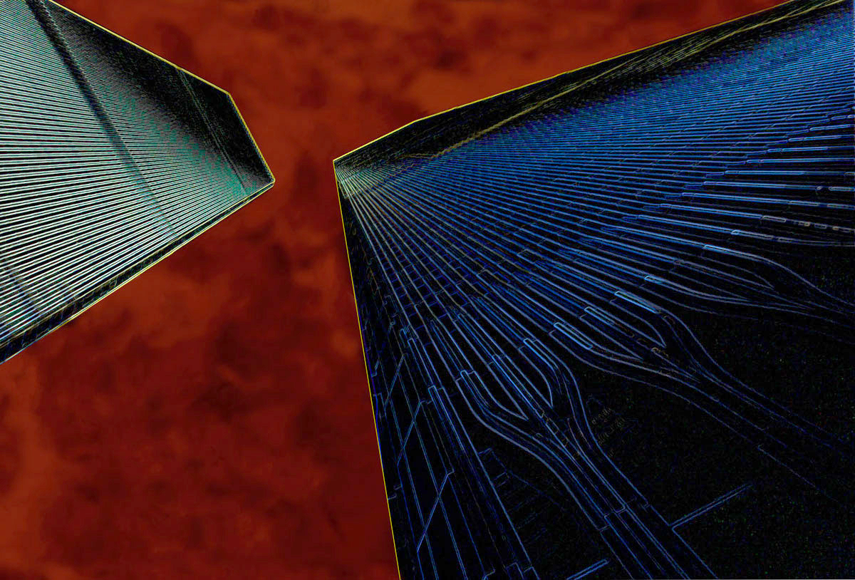 Un omaggio visivo alle vittime dell'11 settembre 2001. Un cielo rosso di memoria e dolore abbraccia le Torri Gemelle, simbolo eterno di ciò che non deve mai essere dimenticato.