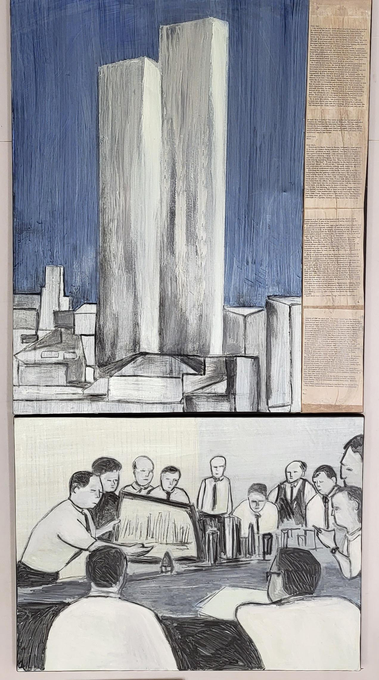 Diptych painting showing the original World Trade Center (top) and its planning 