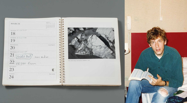 A composite of two photographs. On the left, a photo of a weekly planner on a gray surface. On the verso page are the calendar entries. On the recto page, a photo of a glacier taken by Ansel Adams. The righthand side photograph shows a young man with tousled hair and ripped jeans with a book in his lap on a red couch.