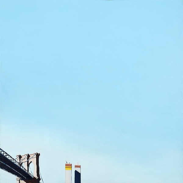 A painting depicting the top of the Brooklyn Bridge in the lower left corner with the tops of the World Trade Center Twin Towers on the right. The tops of the towers are covered with tarps. The rest of the painting is a vast unobstructed blue sky.