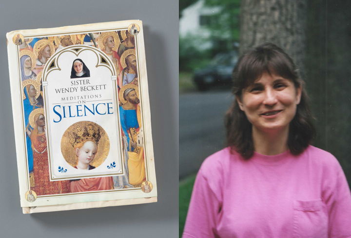 A composite image of a book, "Meditations on Silence" by Sister Wendy Beckett resting on a gray surface (left) and woman in a pink T-shirt standing in front of a tree and smiling for the camera (right).