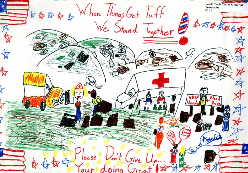 A child's drawing features red, white, and blue imagery, a variety of helpful first responders, and the message "When things get tuff (sic) we stand together! Please don't give up... your (sic) doing great!"