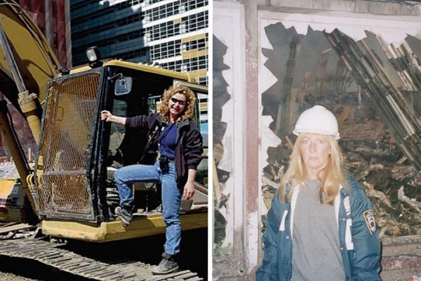 In an image to the left Pia Hofmann, an operating engineer for Local 14 stands next to construction machinery. In an image to the right NYPD member Carol Orazem wears a white hard hat and a department jacket as she stands in front of debris at Ground Zero.