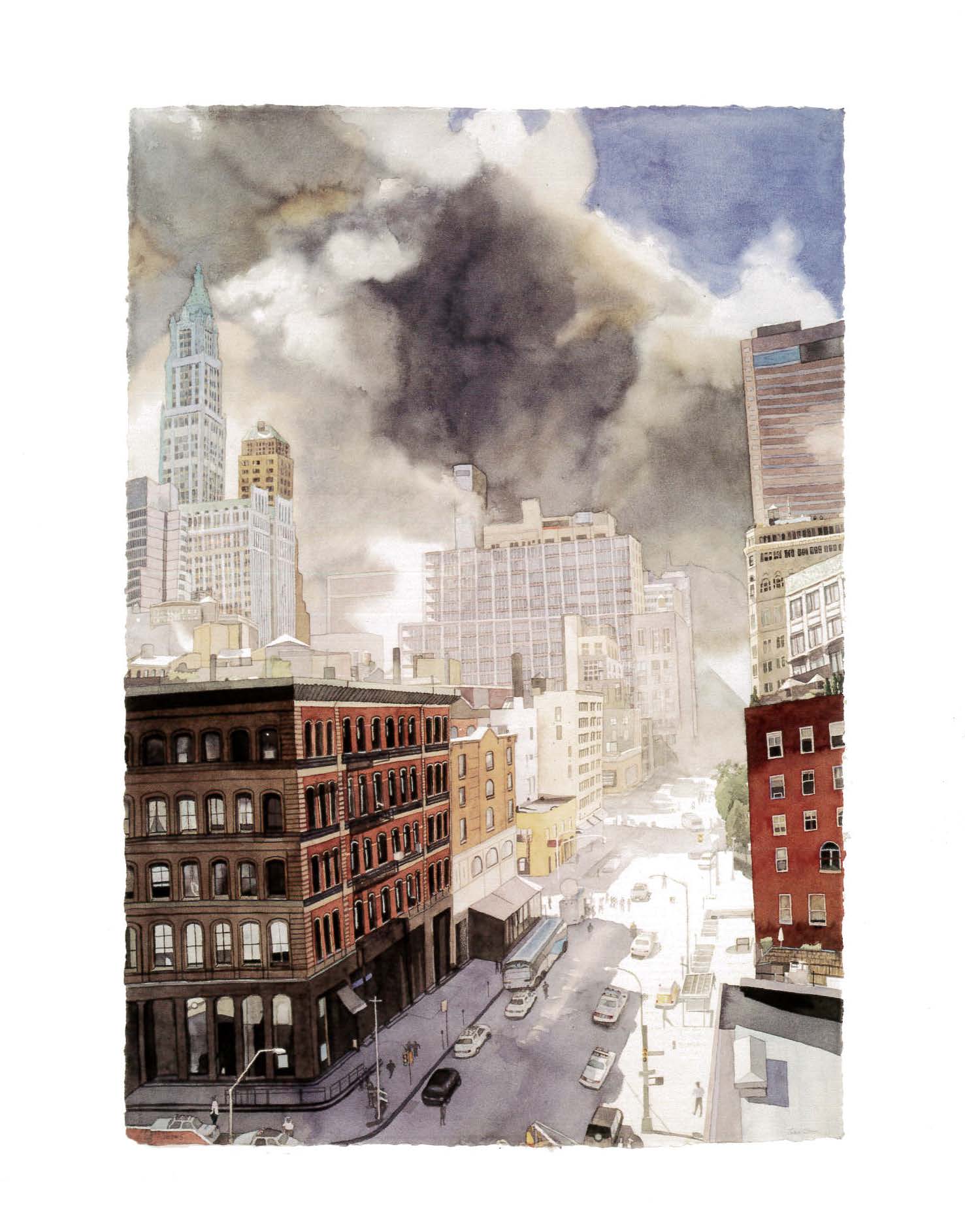 An artist's illustration of the cloud of dark smoke filling the streets of Lower Manhattan on 9/11.