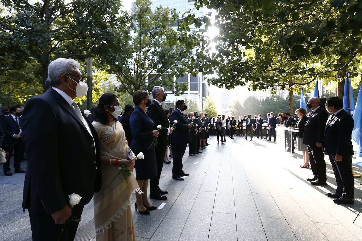 More than 300 United Nations diplomats line up in two rows during a tribute ceremony at the Memorial.