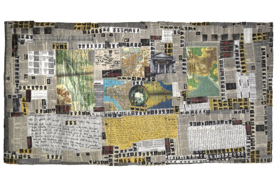 A multimedia quilt featuring children's handwriting, newspaper clippings, and photographs