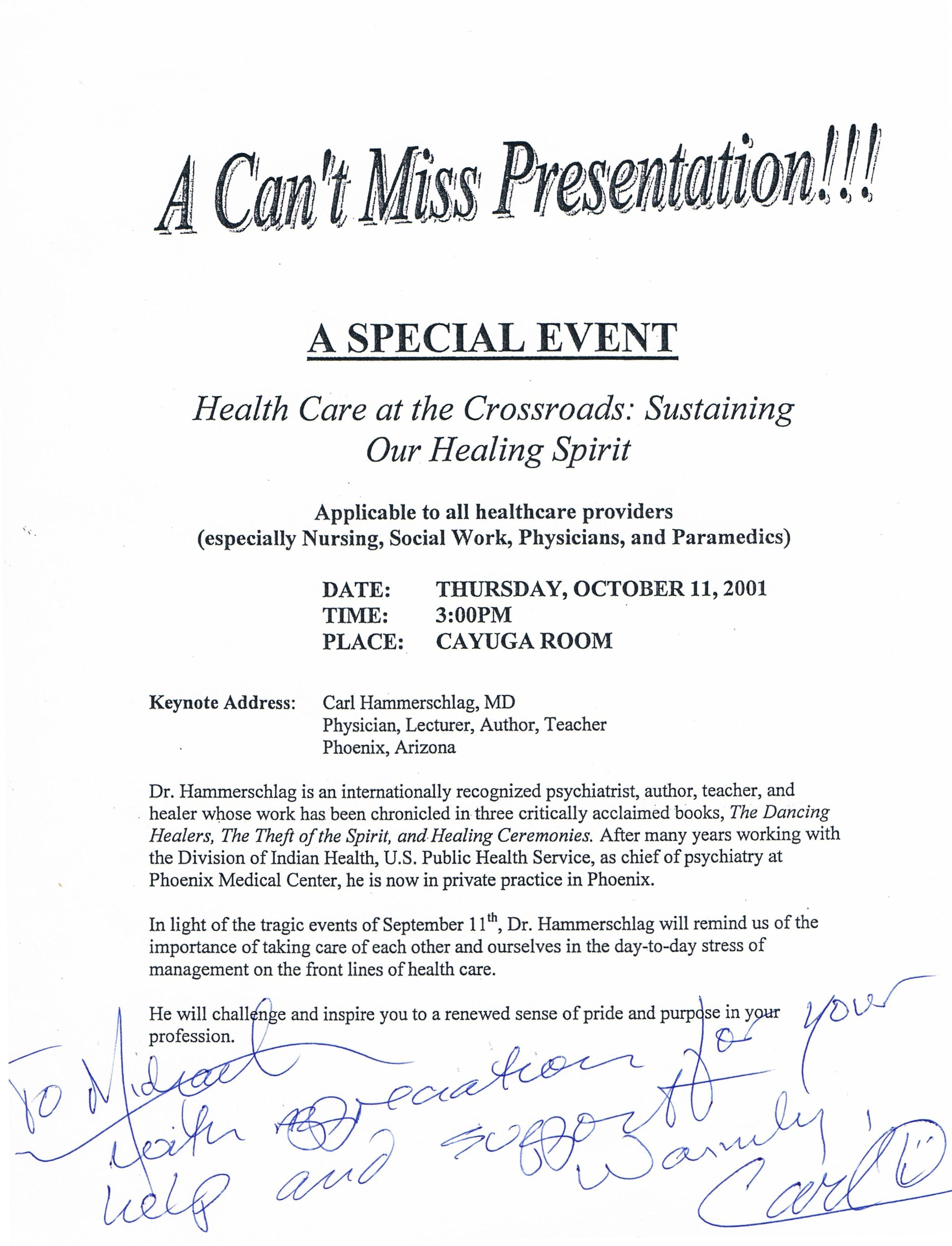 A flyer for a special event, featuring black type on white paper with a blue signature at the bottom