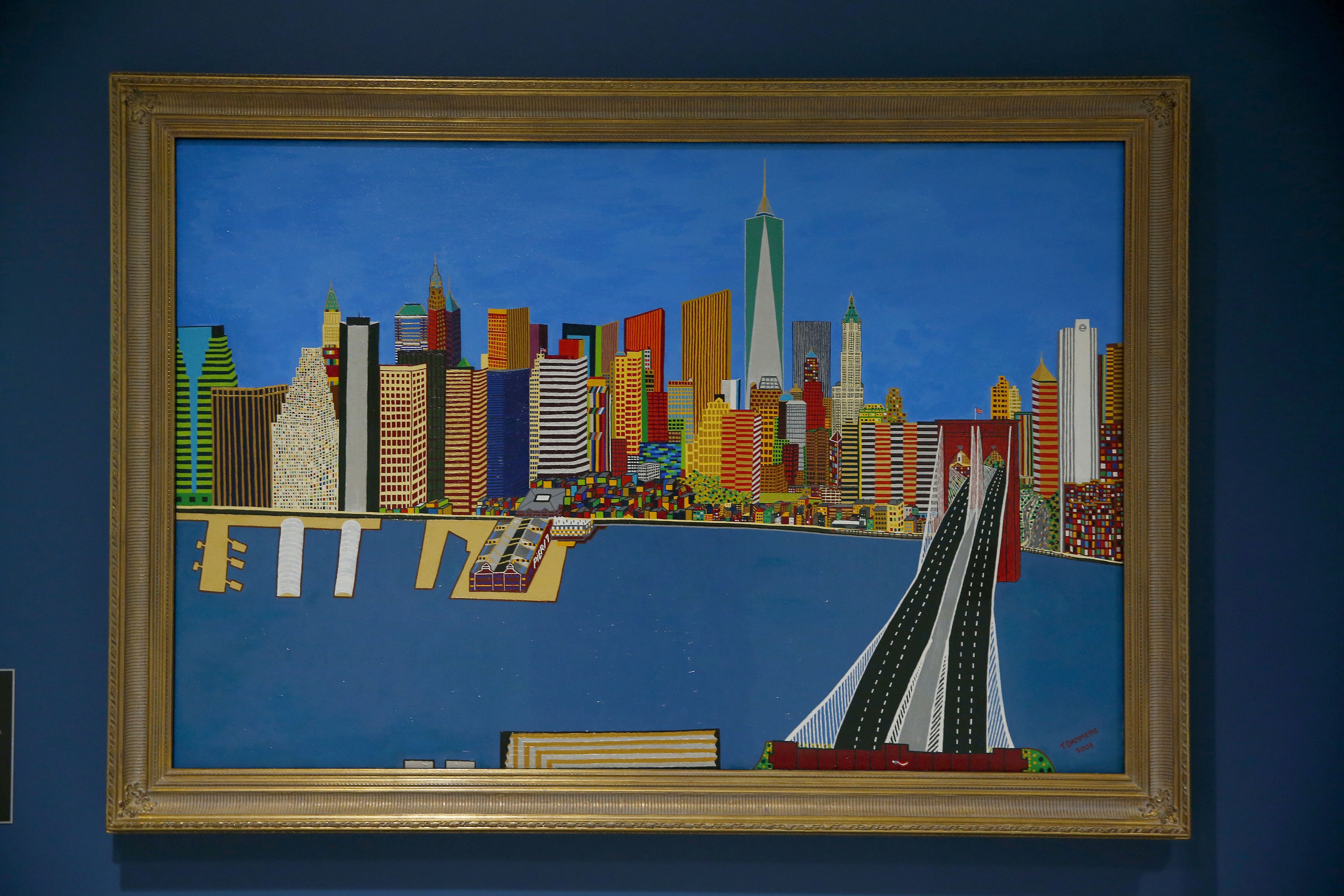 Artist's rendering of lower Manhattan skyline and Brooklyn Bridge