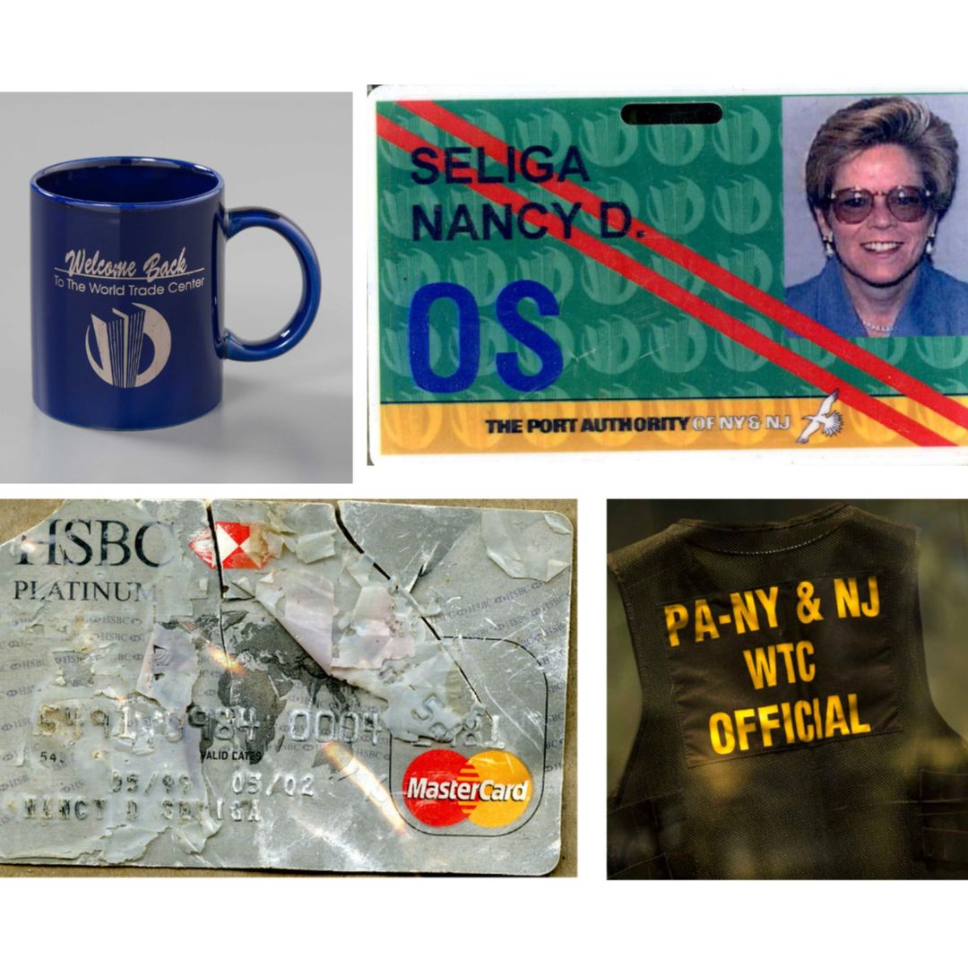 Blue and gold "Welcome Back" mug; Nancy Seliga's building ID; Port Authority safety vest; Seliga's damaged Mastercard, returned to her after 9/11