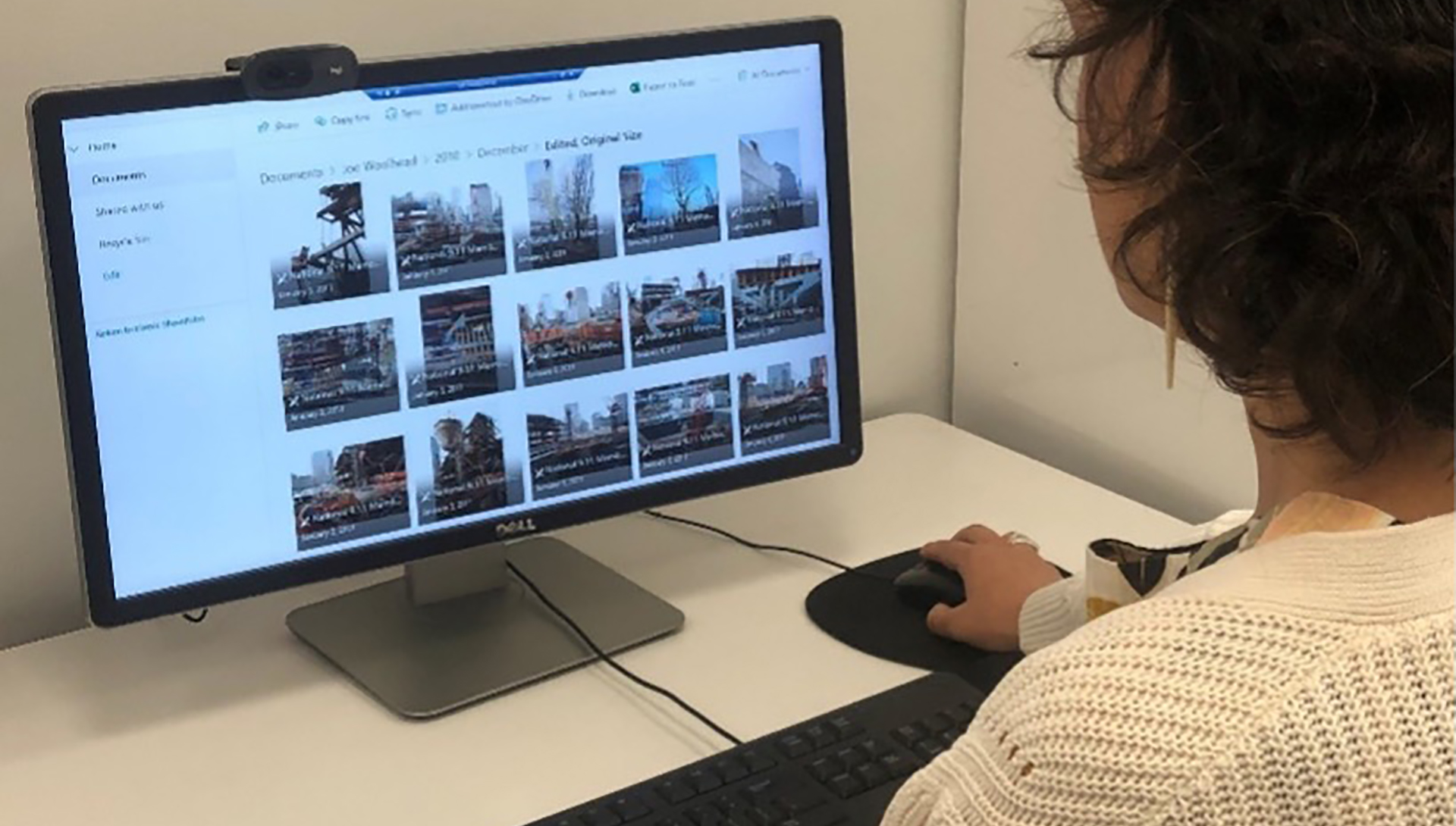 Back of person sitting at computer with hand on mouse. Computer screen shows a grid of image thumbnails.