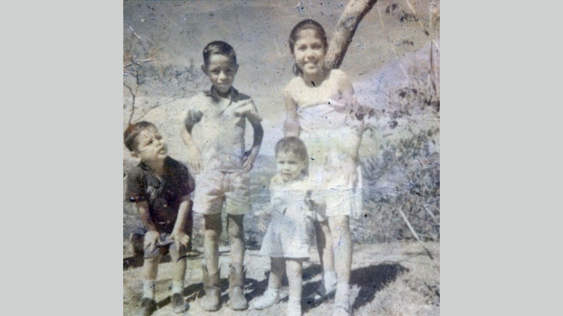 A grainy image of children, wearing summer clothes, standing in front of tree branches