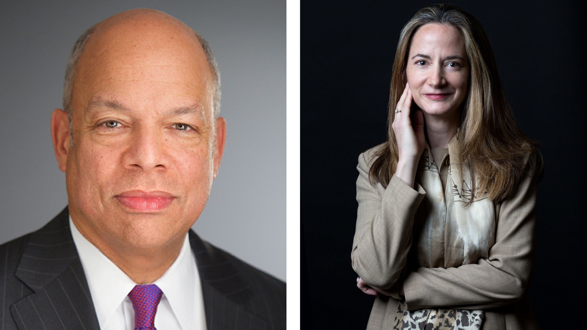 A formal photo of Secretary Jeh Johnson on the left and another photo of DNI Avril Haines on the right.