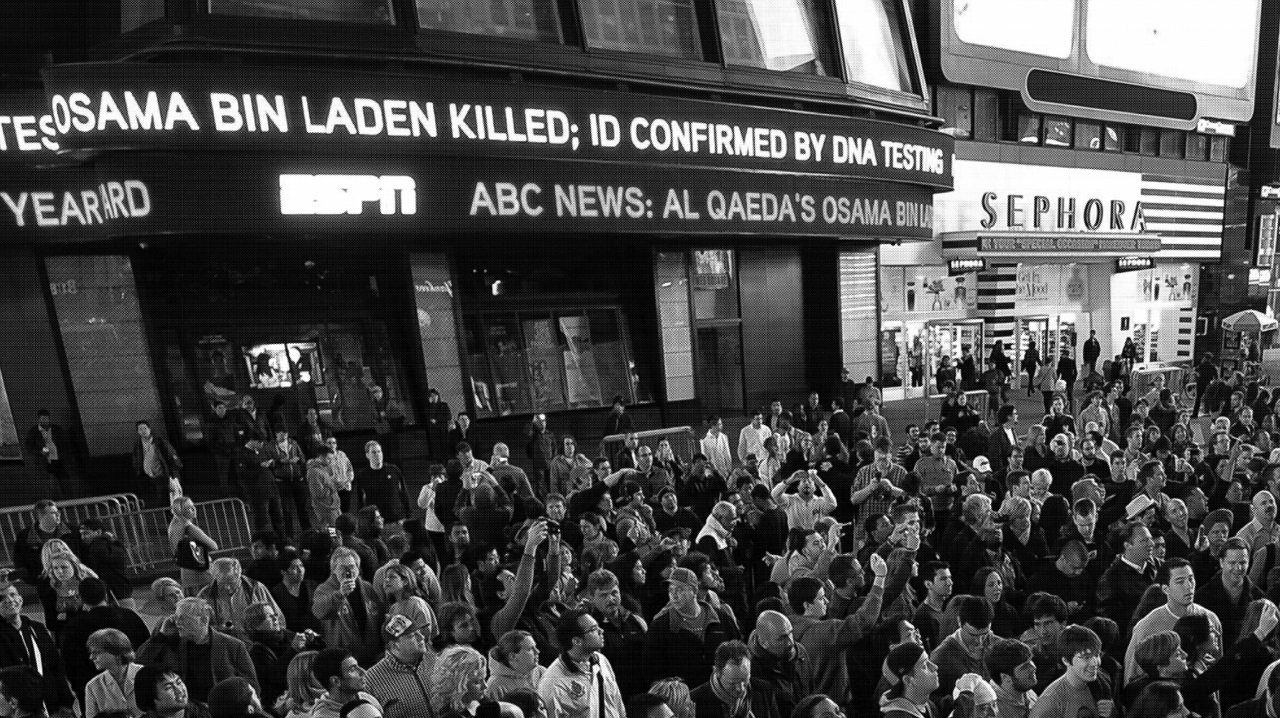Back view photograph of a standing crowd in the middle of the street. News ticker above announces Osama bin Laden killed.