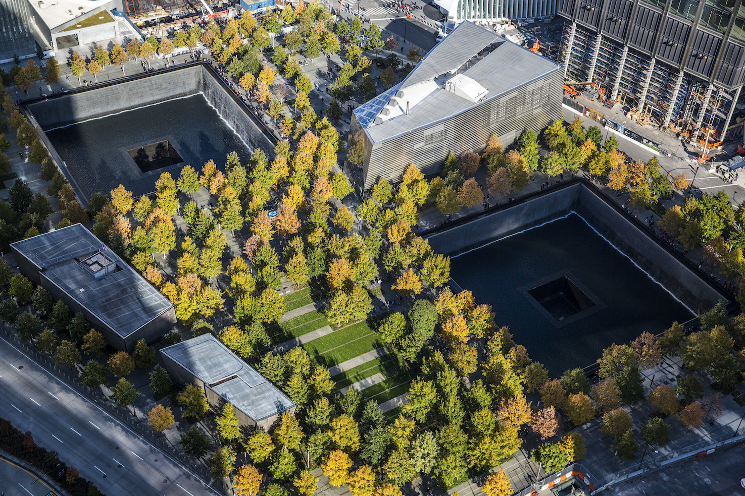 Aerial view of the Memorial plaza in the fall 