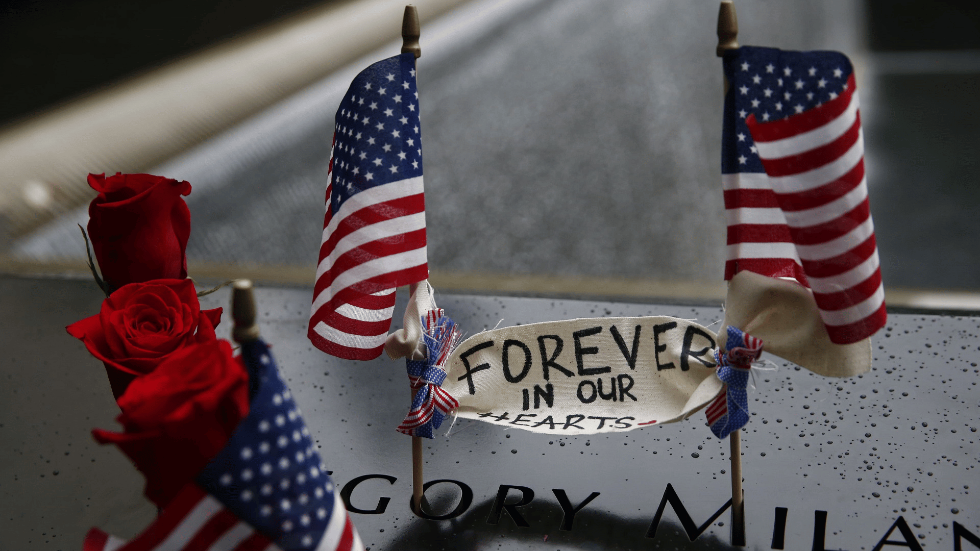 Two American flags and a red flower