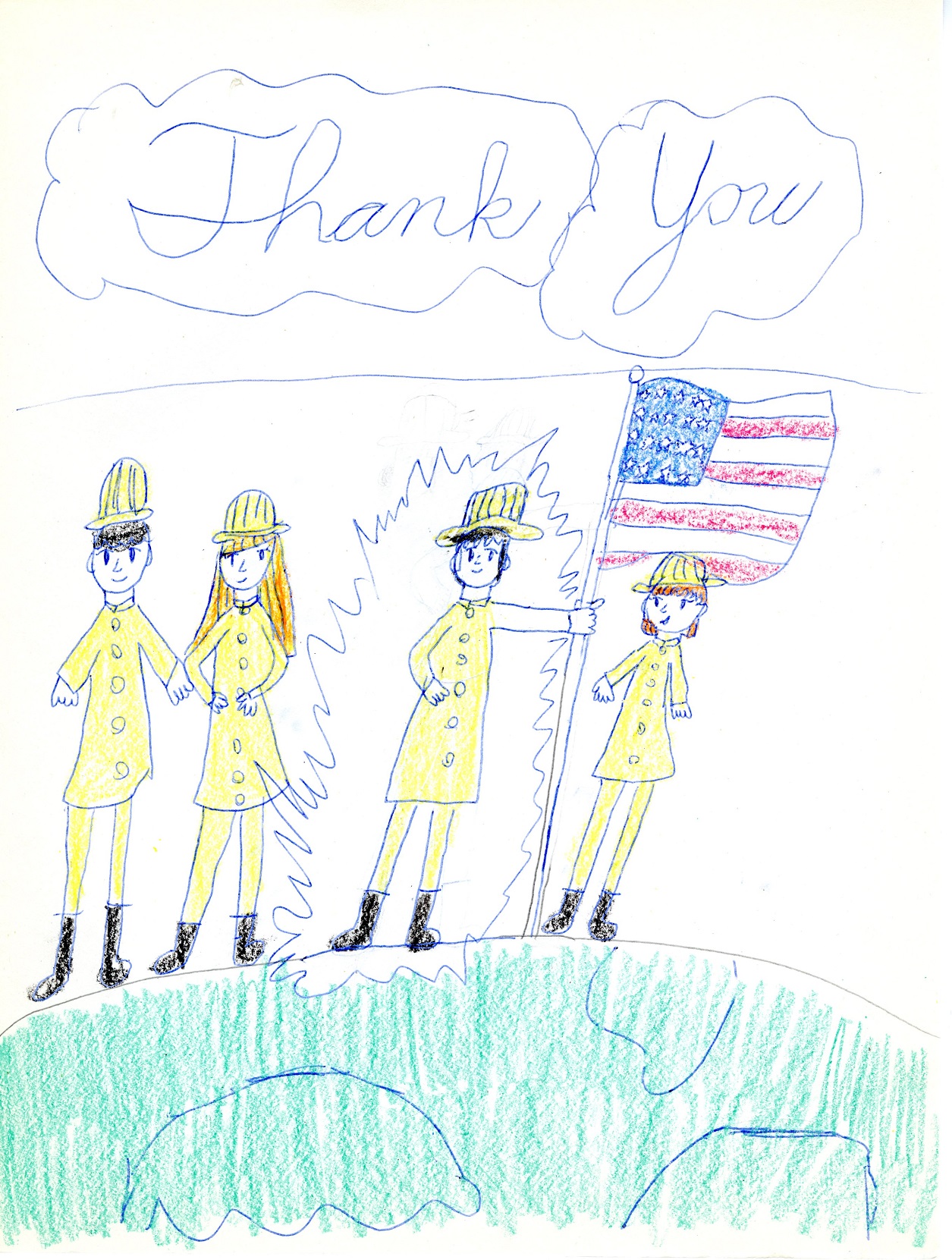 Children's drawing of four first responders in yellow uniforms standing in a row alongside an American flag planted into the ground. Above the drawing, the words "Thank You" are written in cursive lettering.