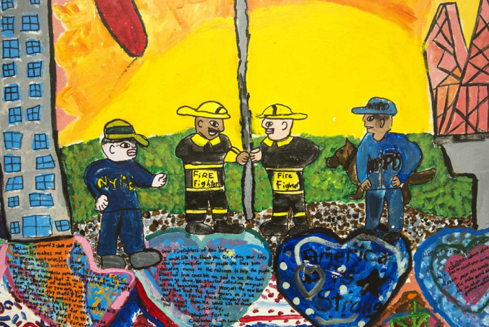 Detail shot of the children's mural, featuring first responders before a yellow sky
