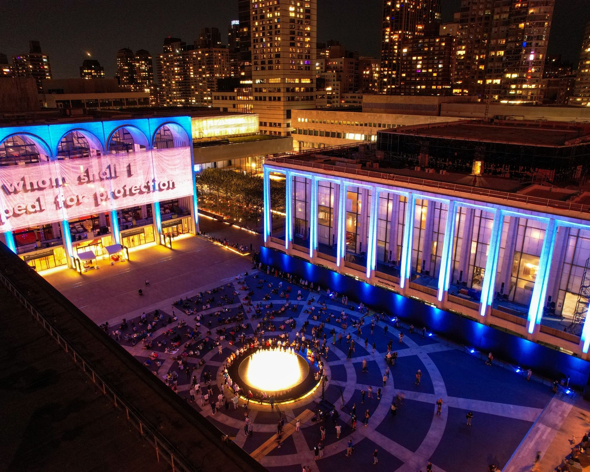 Lincoln Center lit in blue