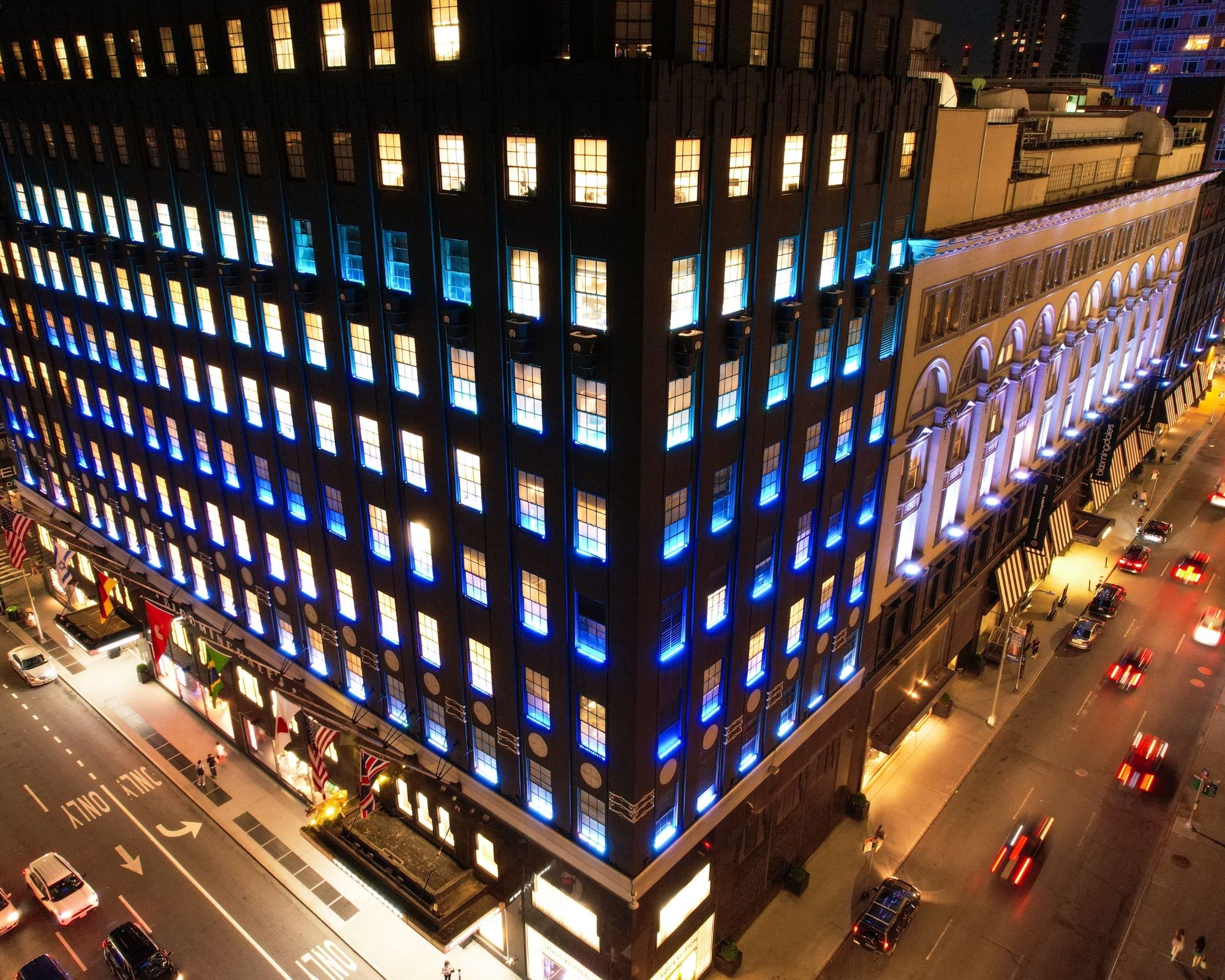 Manhattan building lit in blue