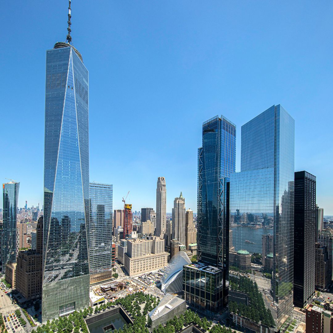 One World Trade Center and an aerial view of the Memorial plaza