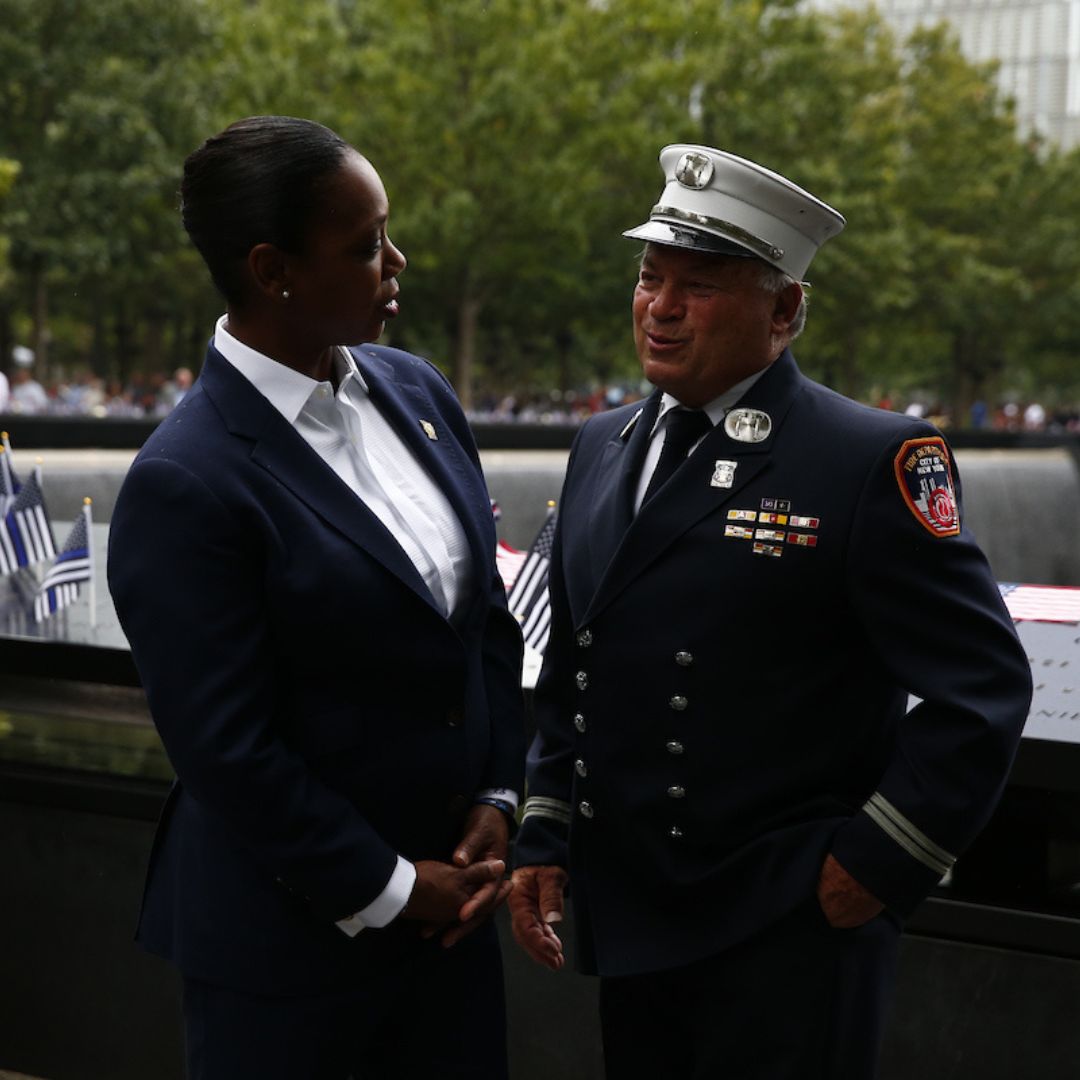 NYPD Commissioner Keechant Sewell (left) at the Memorial