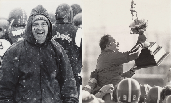 James Anthony Trentini smiles in a black-and-white photo from the Thanksgiving football game. In a second black-and-white photo, Trentini holds up a trophy his team won at the Thanksgiving game.