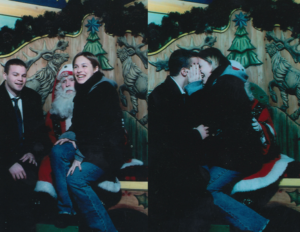 Kevin Michael Williams and Jillian Volk sit on Santa's lap at Macy's department store as Williams proposes to Volk. 